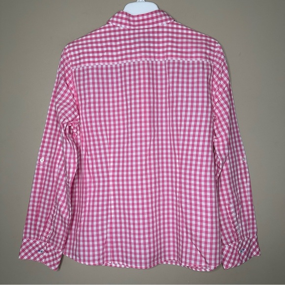 Talbots Women 14 Petite Pink White Button Shirt Gingham Plaid Western Preppy - Picture 3 of 7